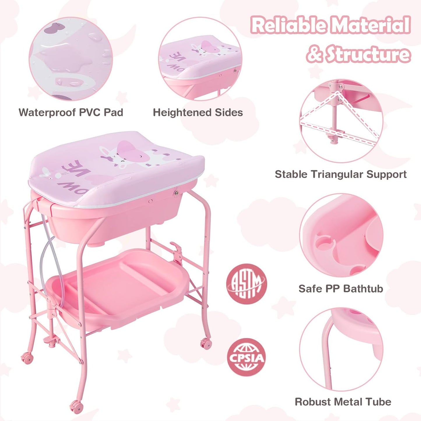HONEY JOY Baby Changing Table with Bathtub, Foldable Infant Diaper Changing Station with Wheels