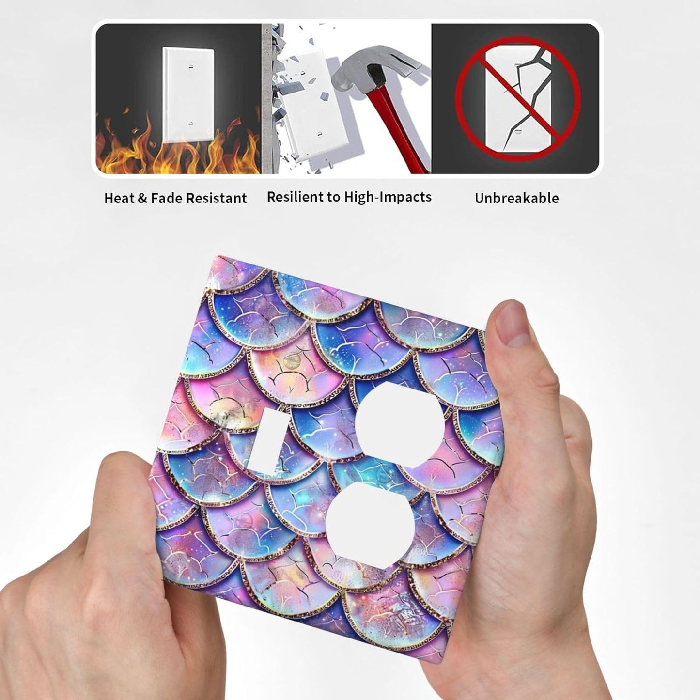 Decorative Outlet Covers Cute Pink Purple Mermaid Scales 2 Gang Wall Plate Cover Single Toggle Duplex Combo Two Switch Light Switch Cover Plate GFCI Faceplate for Bedroom Home Decor