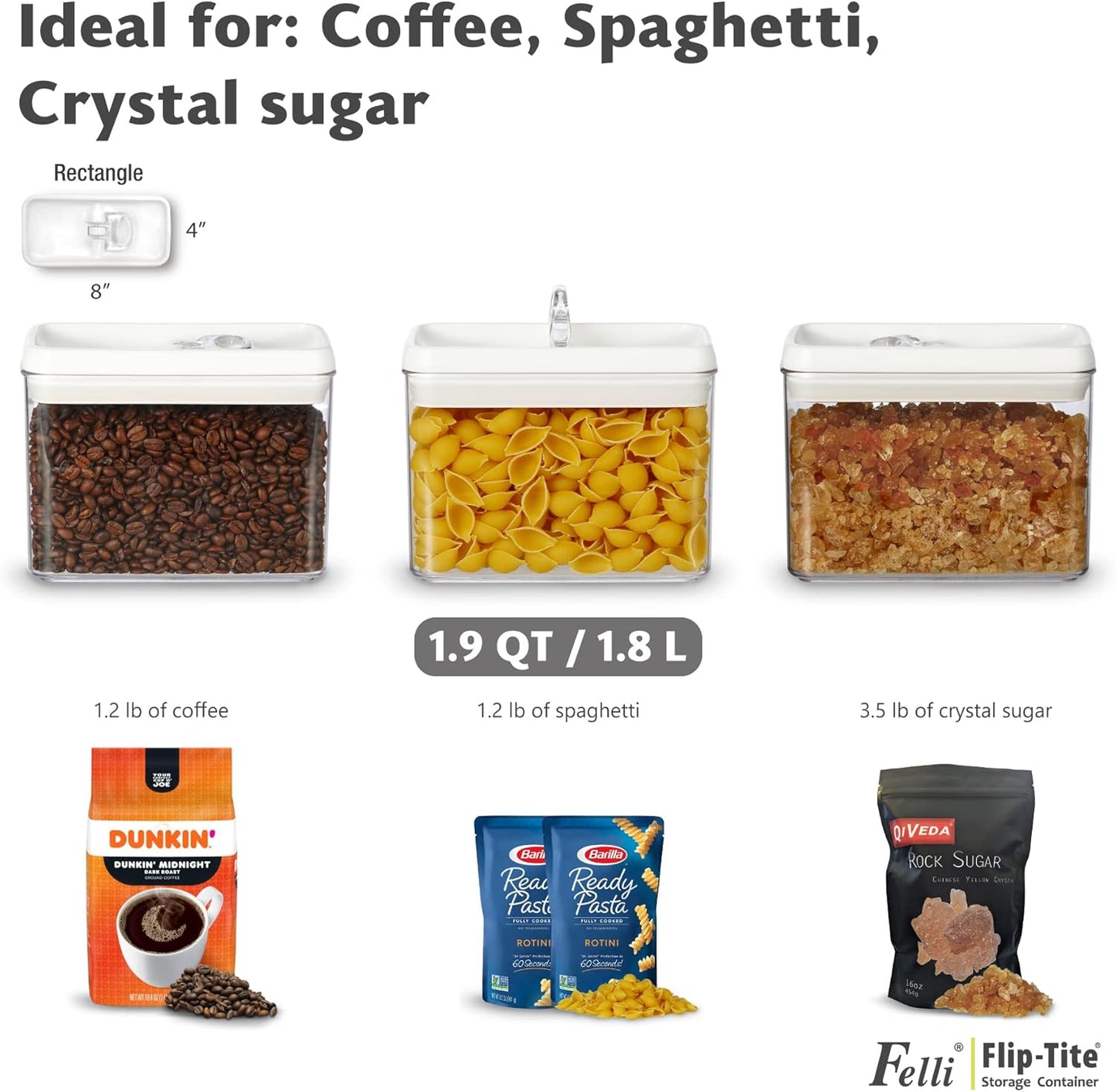 Felli Flip Tite Storage Container with Lid 4” RECTANGULAR Airtight Ring Flip Top, Stackable Kitchen