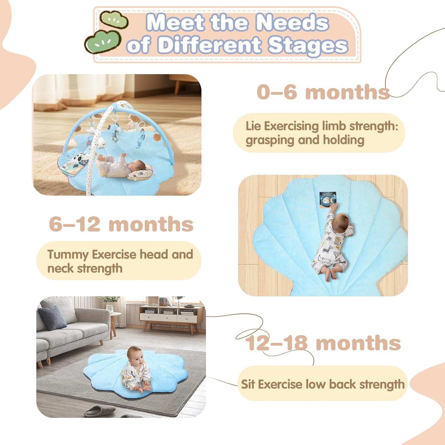 Baby Play Gym Mat, Oversize Tummy Time Activity Mat for Babies 0-6 Months, Shells Shaped Baby Play Mat with 6 Detachable Toys, Baby Mat for Floor Sensory Exploration Motor Skill Development (Blue)