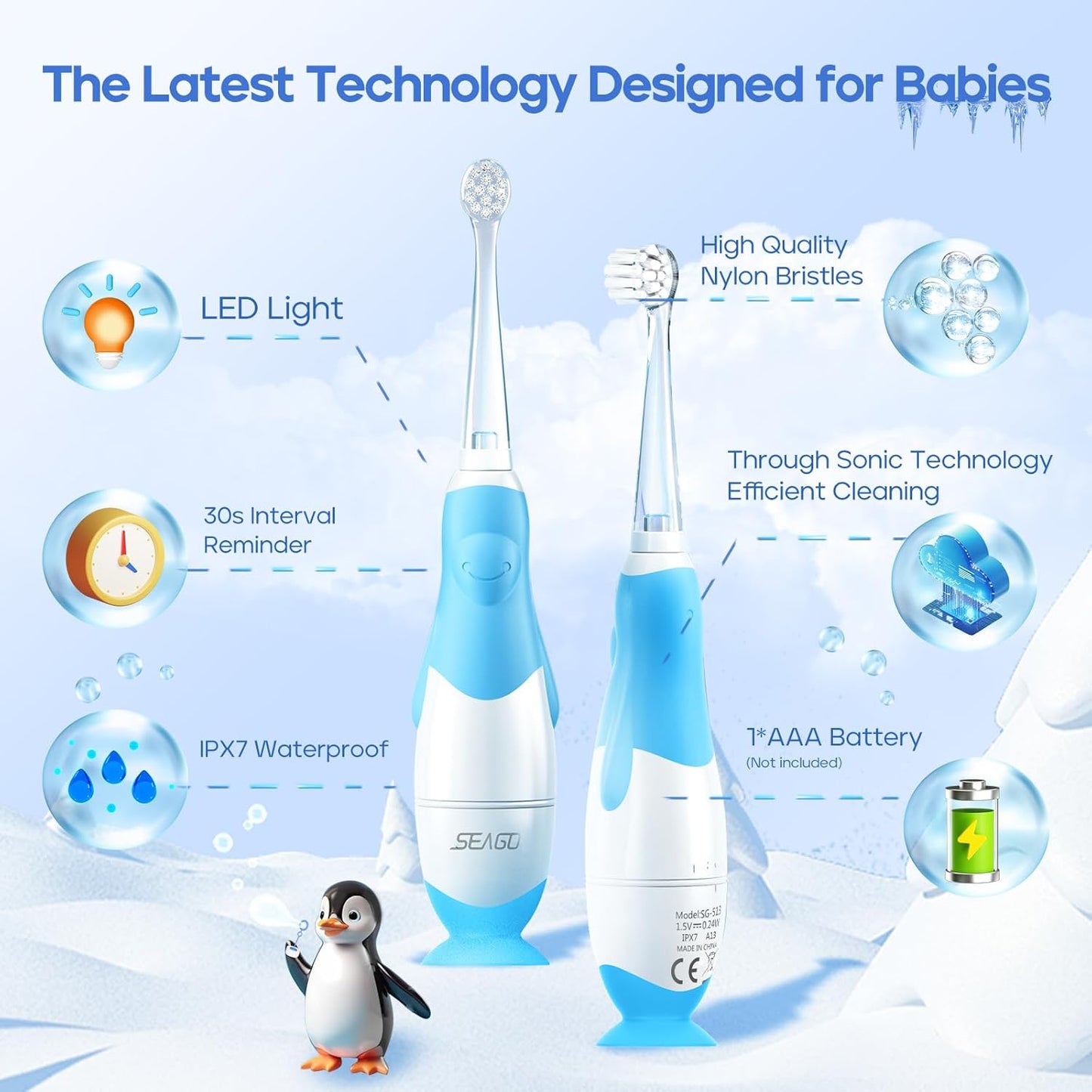 SEAGO Toddler Electric Toothbrushes for Baby Ages 0-3 Years, Baby Toothbrush with Smart Timer and