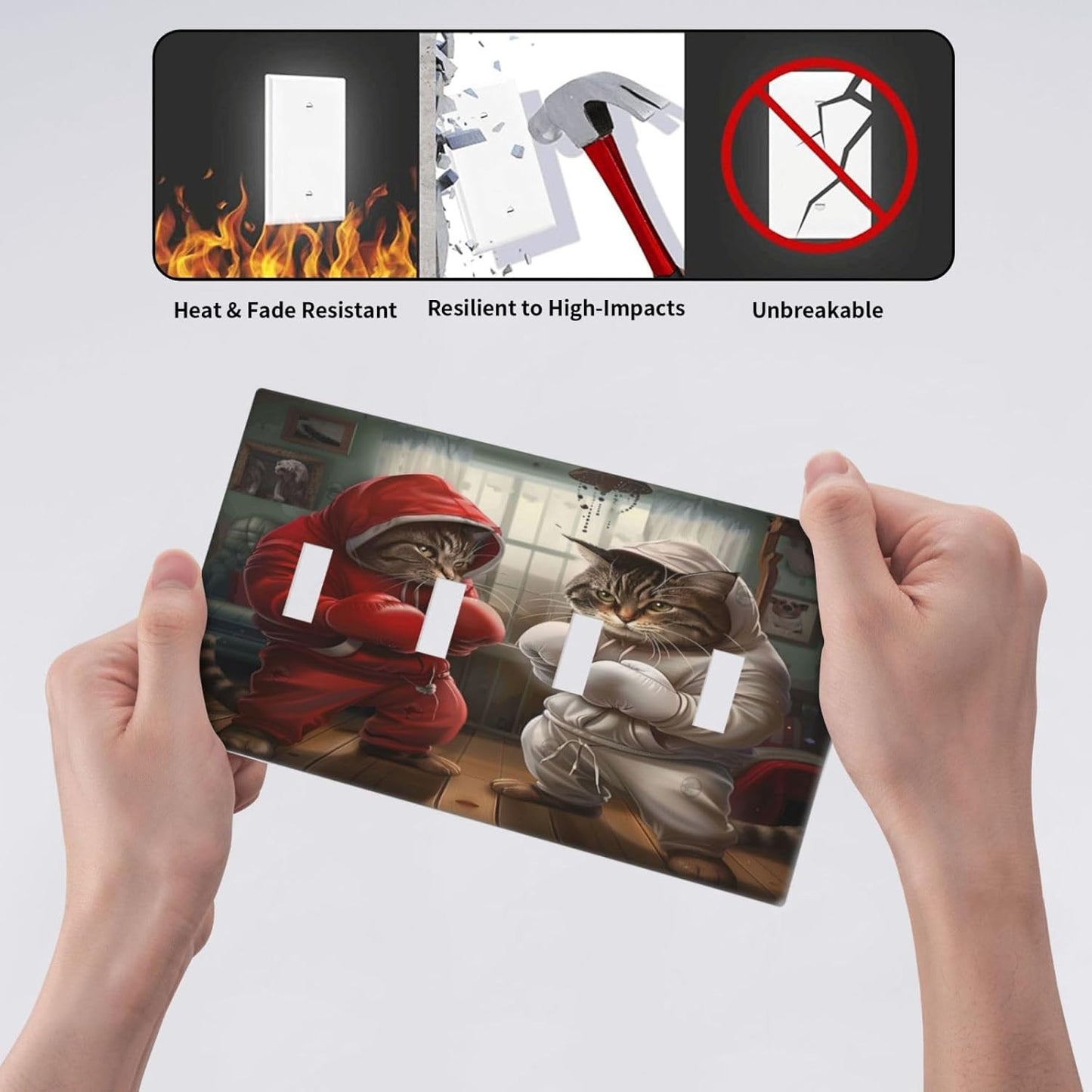 Decorative Switch Covers Plate Funny Red Boxing Cats White Tomcat 4 Gang Artistic Wall Plate Unique Quad Toggle Light Switch Plate Jumbo Faceplate for Bedroom Home Decor