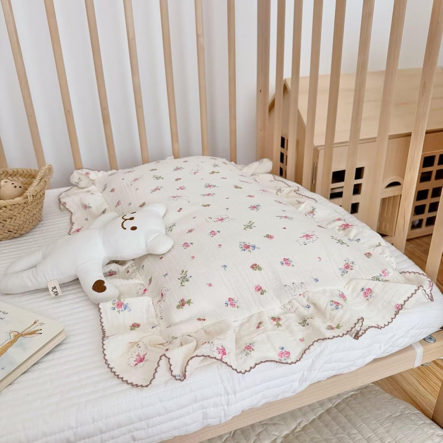 BuLuTu 2 Layers Muslin Cotton Toddler Pillowcase, 1 pc, 14"x20", Cute Pink Flower with Sheep Pattern Small Pillow Cases for Toddler Girls Boys Soft Breathable Pillow Covers, Envelope Closure