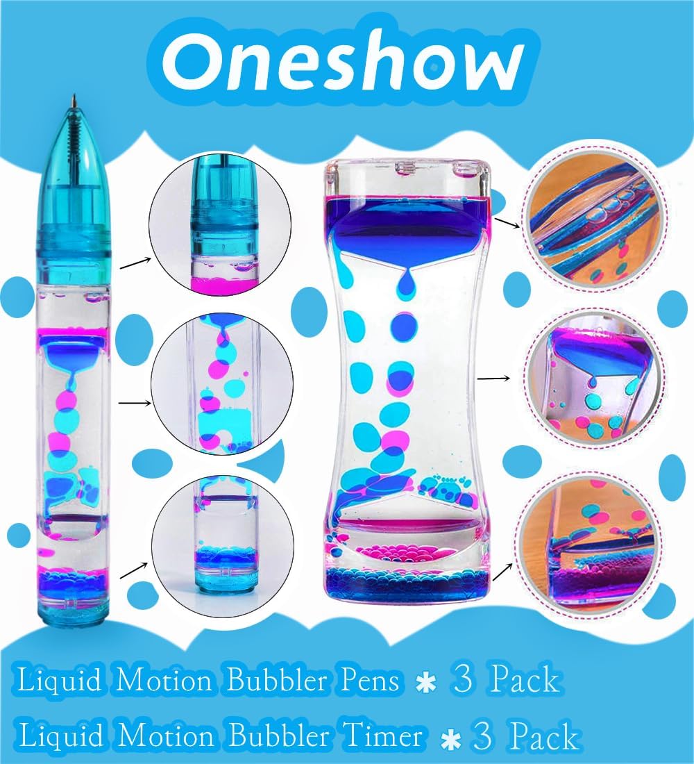 Liquid Motion Bubbler Pen Calm Relief Sensory Toy Liquid Motion Timer Colorful Stress and Anxiety Autism Fidget Toy Pen Gifts for Children and Adults Back-to-School Supplies-6 Pack