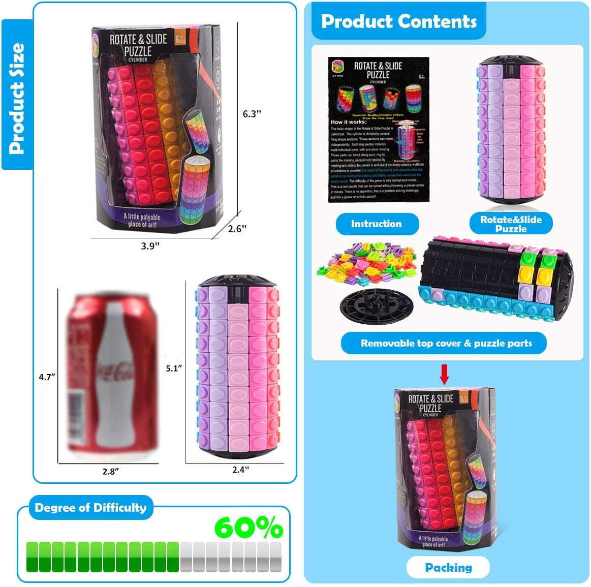 R.Y.TOYS Rotate and Slide Puzzle-Design Patent,Fidget Toys(Restore Order/Create Patterns) 12 Colors,10 Layers-Open Cover for Quick Play,Brain Teaser,Sensory Toys,Birthday Gifts,Easter Basket Stuffers