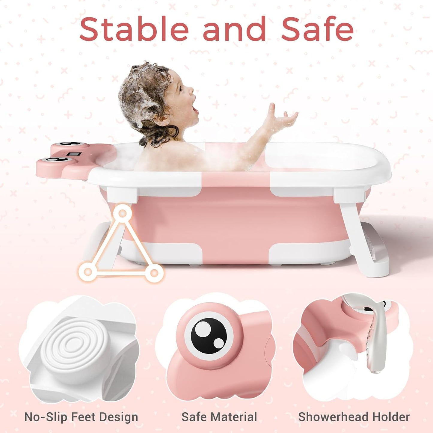 Baby Bathtub, Collapsible Newborn Bathtub for Infant to Toddler 0-24 Months with Soft Cushion and