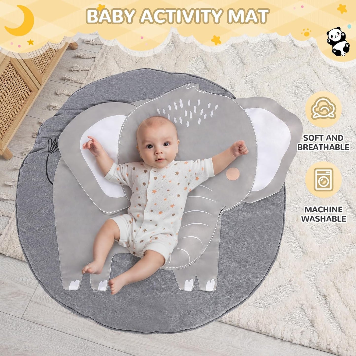 Wooden Baby Play Gym with Mat,Foldable Activity Gym for Newborns 0-12 Months,6 Hanging Sensory Toys for Infant Development,Montessori Toys for Baby Boys & Girls Shower Gift (Elephant)