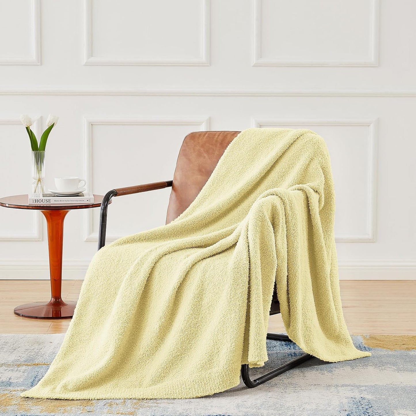 CYMULA Knit Throw Blanket for Couch Yellow - Super Soft Lightweight Plush Fuzzy Fluffy Cozy