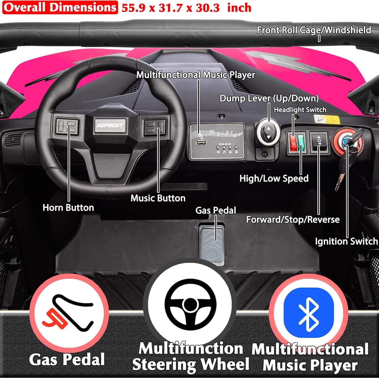 sopbost 24V Ride On Car with Remote Control 10Ah Battery Powered Ride On Toy for Big Kids to Drive 2 Seater UTV with Large Dump Bed, 4x75W Motors, Hot Pink & Black