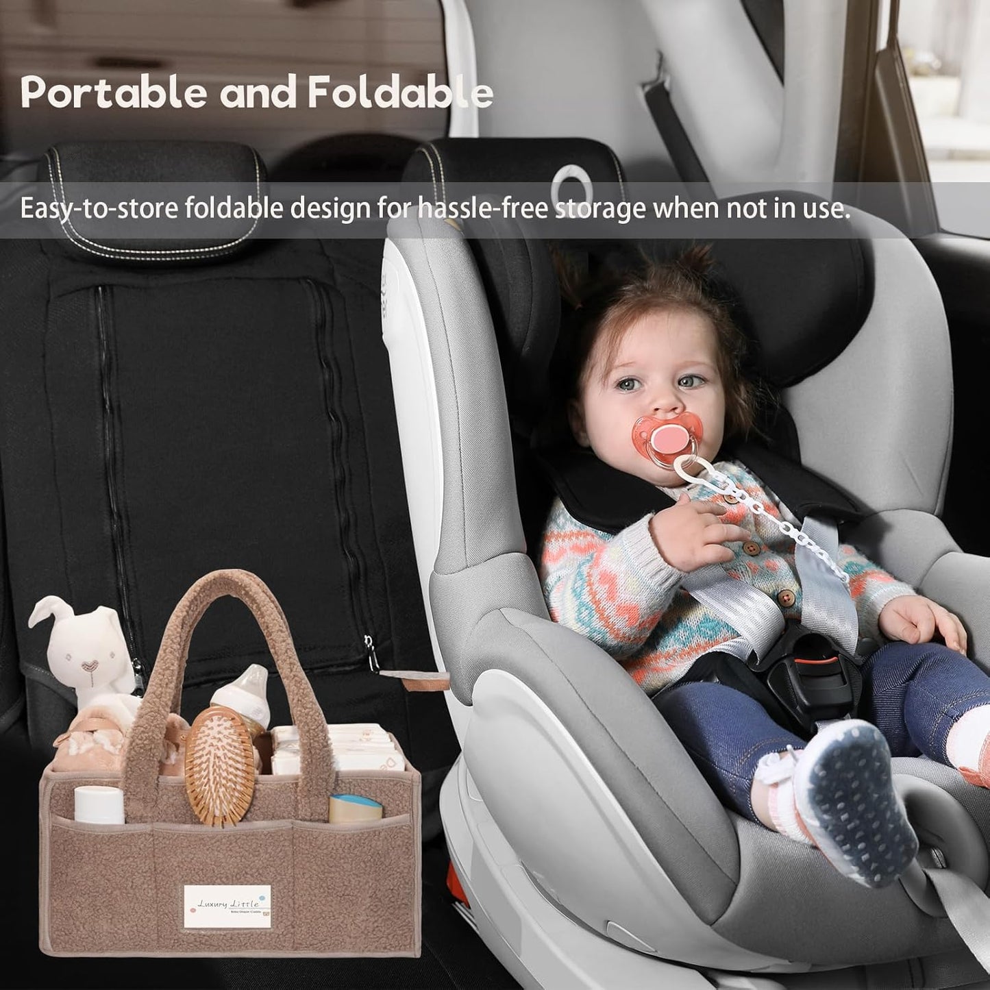 luxury little Diaper Caddy Organizer, Large Cotton Rope Nursery Baby Basket, Changing Table Organizer for Baby Diaper Storage, Portable Car Organizer with Removable Divider (Light Brown)