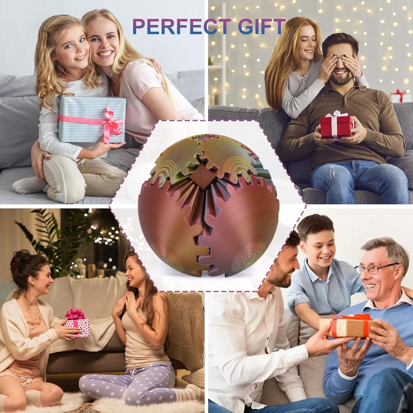 Gear Ball, Gear Sphere, 3D Printed Gear Ball Spin Ball Cube Fidget Toys GearSphere Ball, Stress Ball, Gear Sphere Desk Toy, Fidget Ball, Gear Toy for Stress and Anxiety Relaxing (Laser Color F)