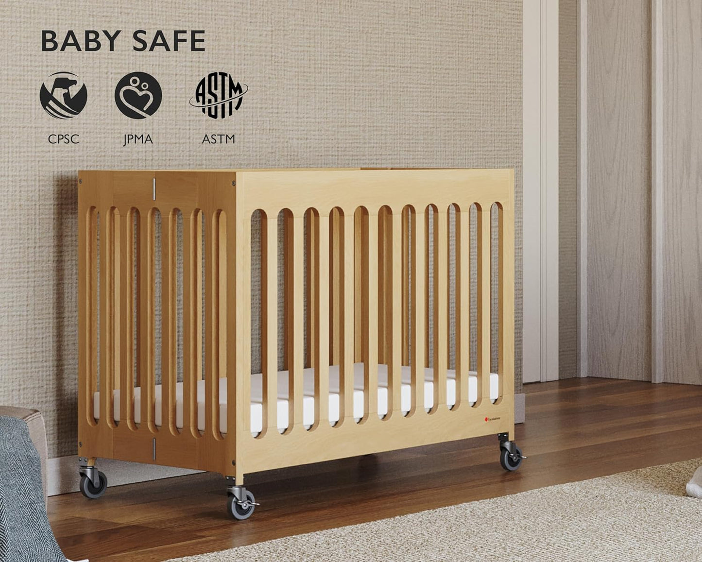 Foundations Boutique Folding Mini Baby Crib - Compact, Portable, Wooden Hotel Crib, Foldable Mini