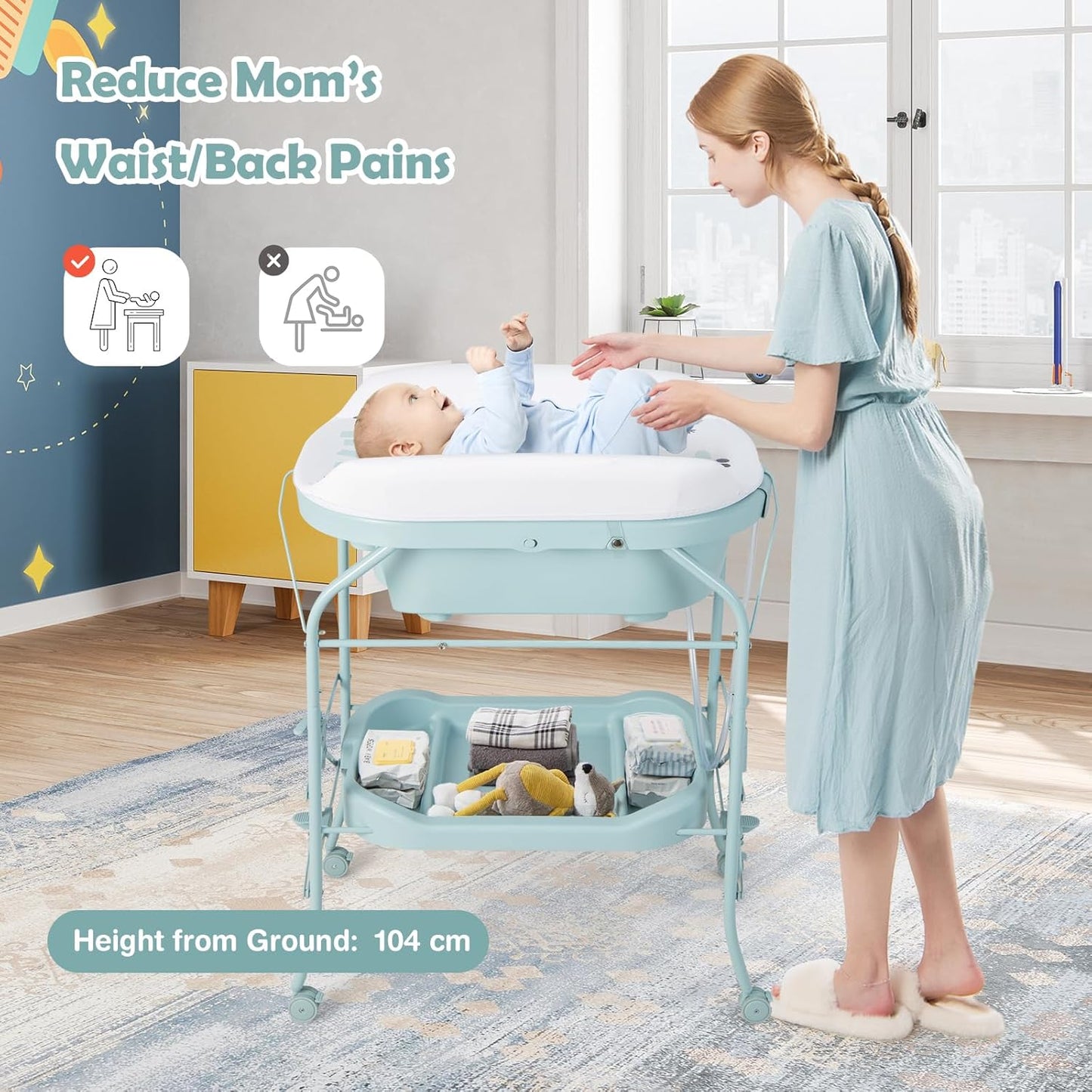 HONEY JOY Baby Changing Table with Bathtub, Foldable Infant Diaper Changing Station with Wheels