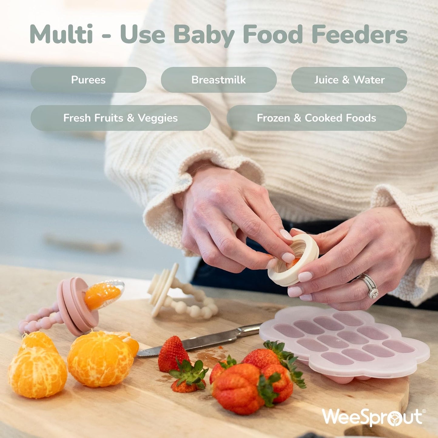 WeeSprout Baby Food Feeder Set - 2 Silicone Feeders & Reusable Freezer Tray with Lid - BPA-Free