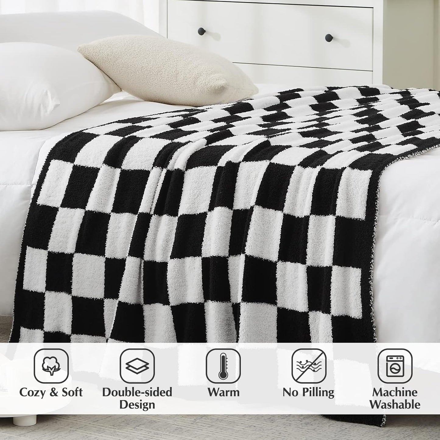 WRENSONGE Checkered Throw Blanket, Black and White Soft Cozy Fluffy Warm Hand Made Throw Blankets