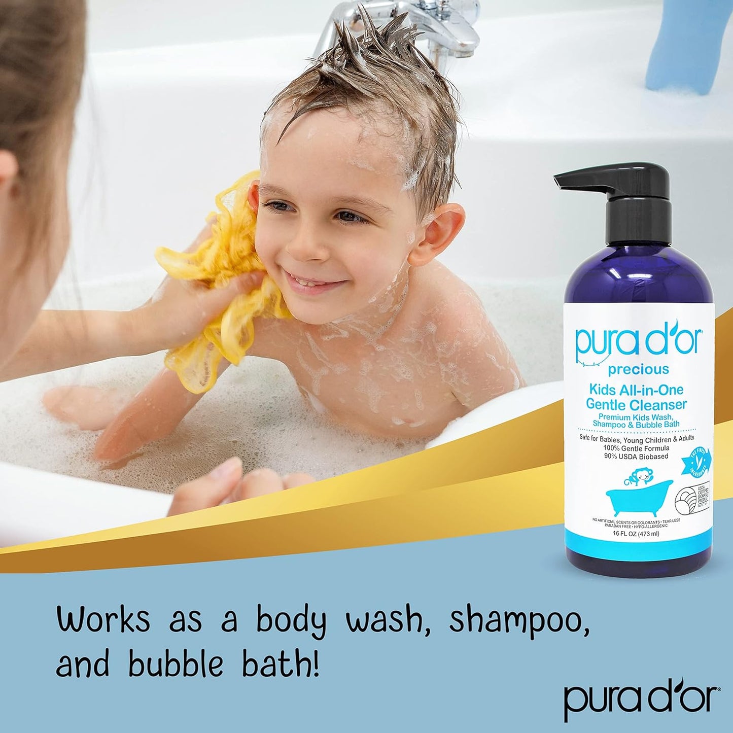 PURA D'OR Kids Wash (16oz x 3 = 48oz) All-in-One Gentle Cleanser - USDA Biobased, Sulfate-Free