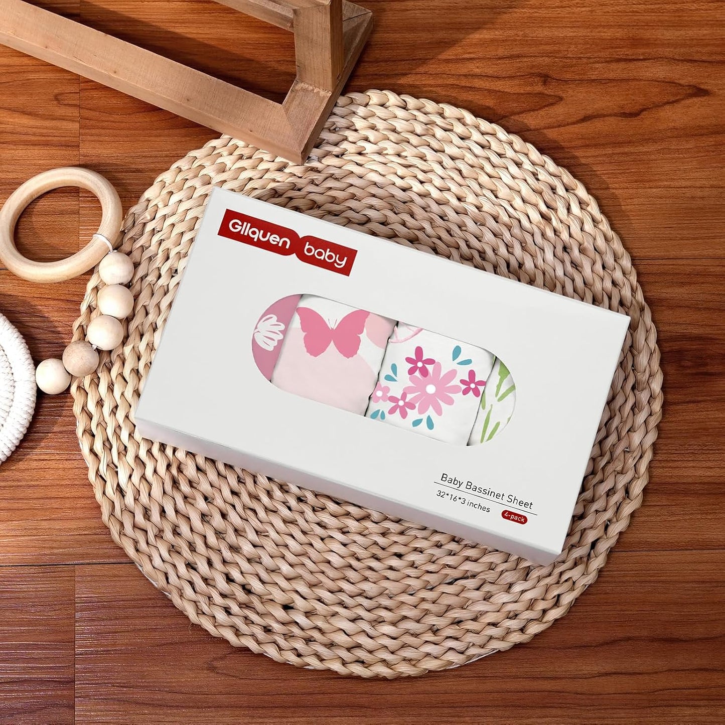 Gllquen Baby Bassinet Sheets 4 Pack, Breathable Cozy Fitted Mattress Sheet, Elastic Travel Crib Fashionable Floral Pattern, Standard Cradle Safe Sheets for Baby Boys Girls 32"x16" (Butterfly)