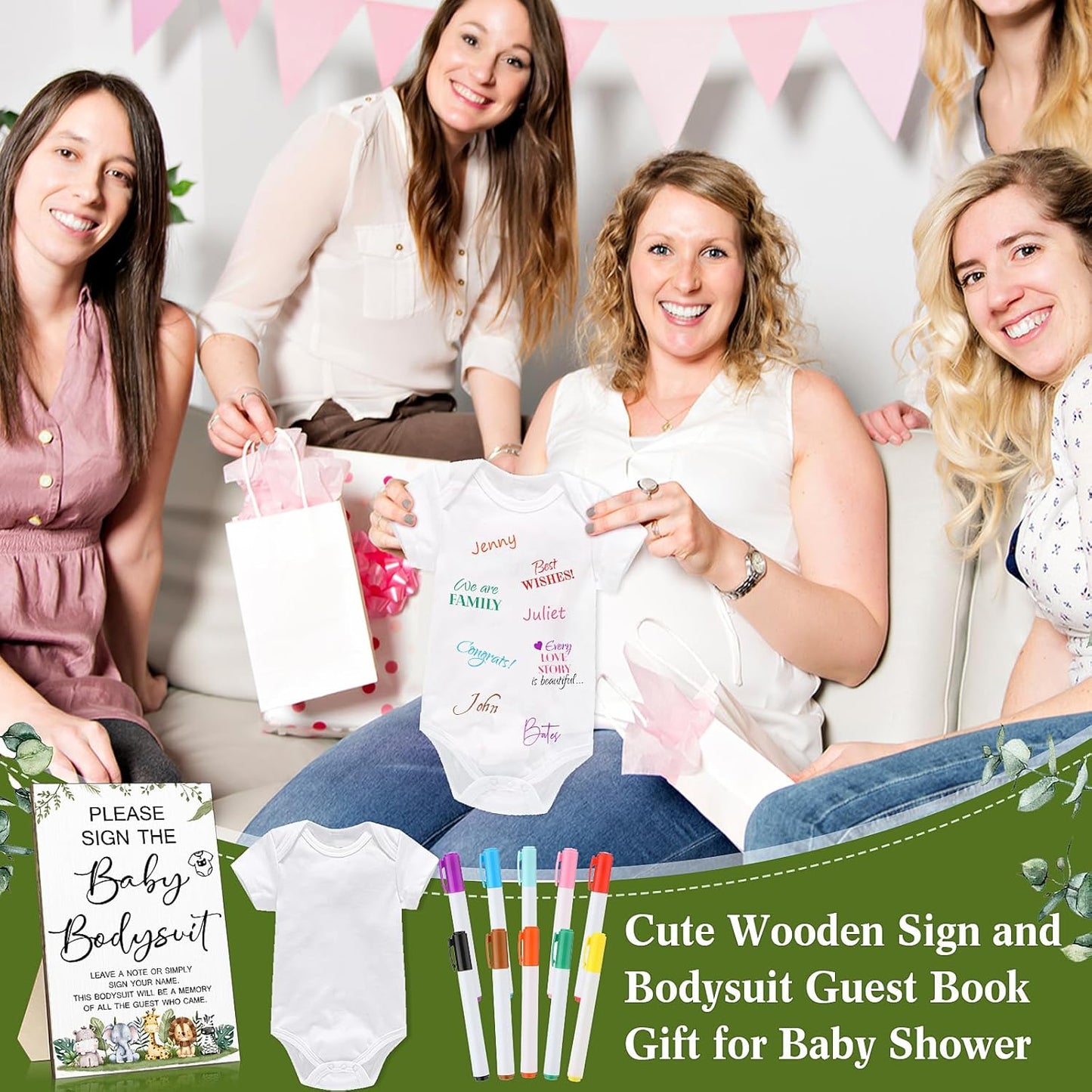 Qunclay 12 Pcs Baby Bodysuit Baby Shower Game Include 1 Game Wooden Sign Tabletop Decor 1 White Blank Newborn Bodysuit 10 Fabric Marker for Gender Reveal Party(Safari)