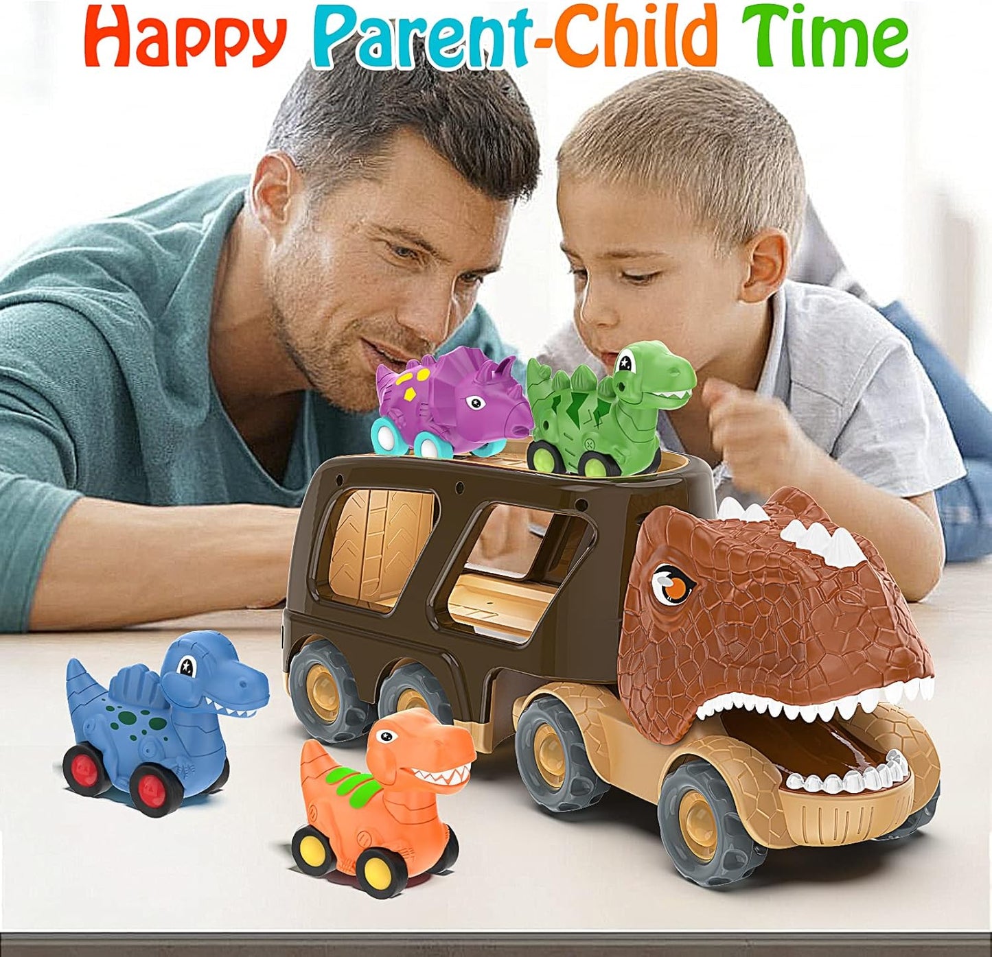 Veslier Dinosaur Car Toy for 2 3 4 5 Years Old Boys, Friction Power Carrier Truck with 4 Pack Small Pull Back Dino Car, Christmas Birthday Gift for 18+ Months Boy Girl Kids Toddlers