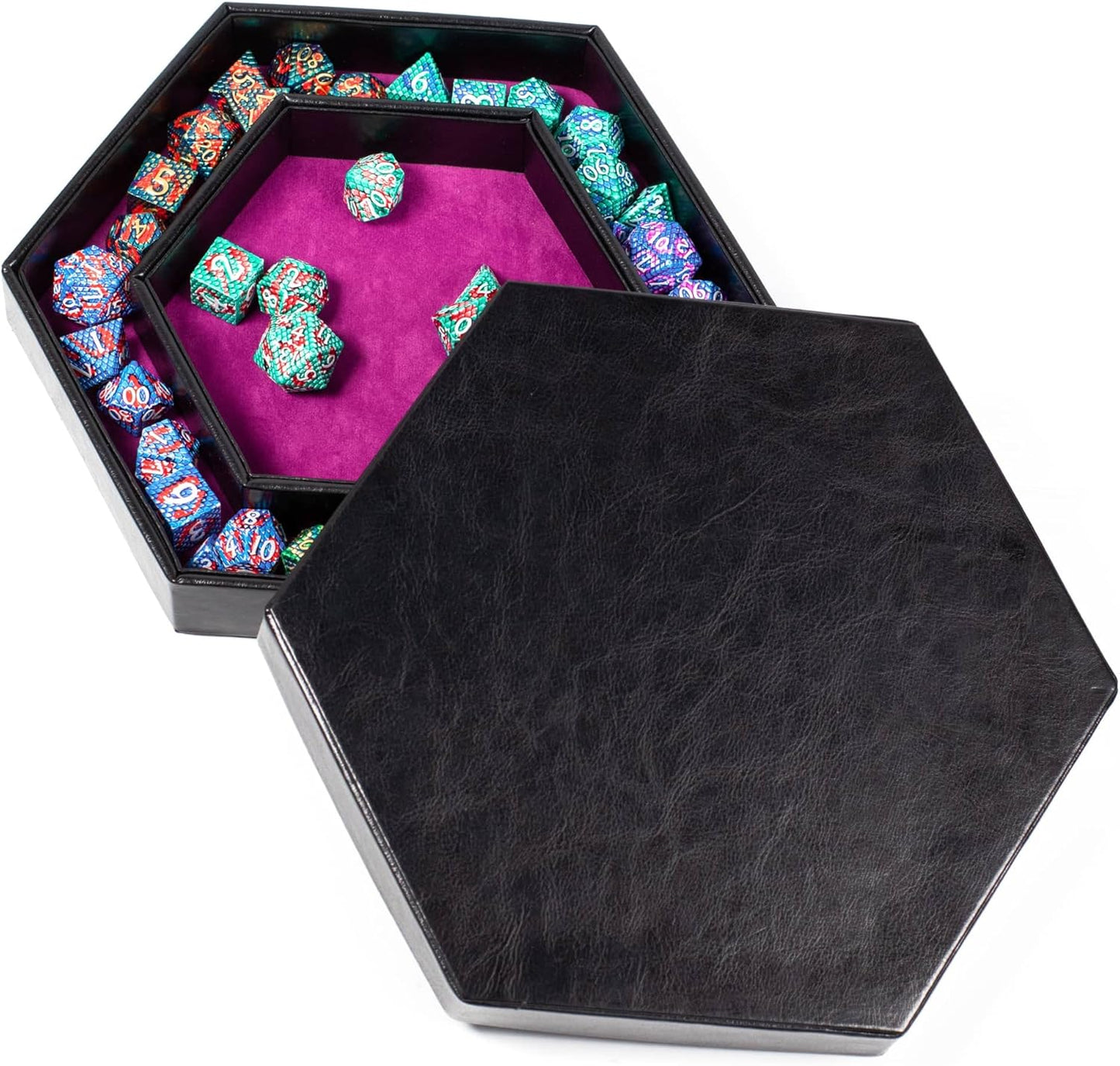 DND Dice Tray - 2 in 1 Rolling and Storage Hexagonal Tray, Faux Leather, Rose Red