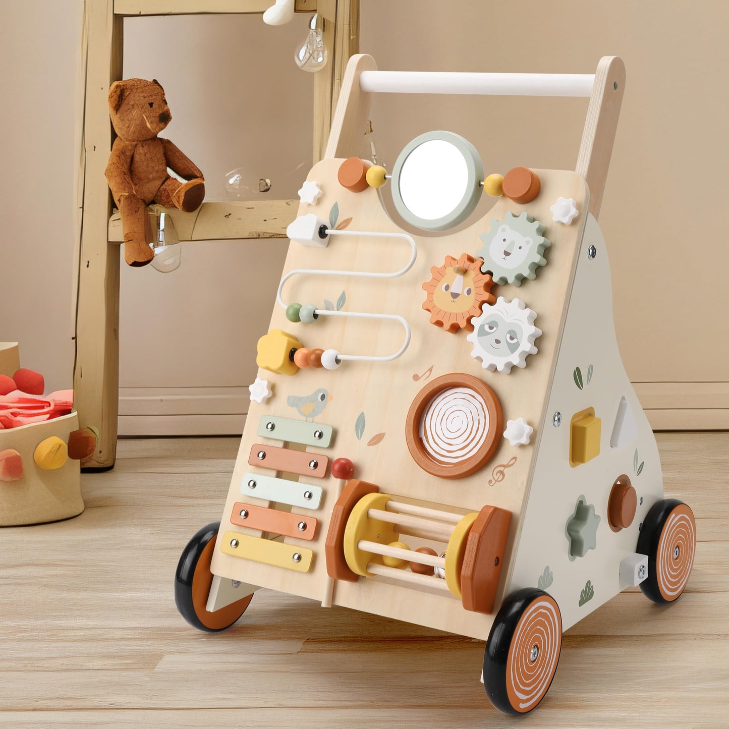 Pithfor Wooden Baby Walker, Baby Push Walker with Activity Center for Girls Boys, Montessori Push