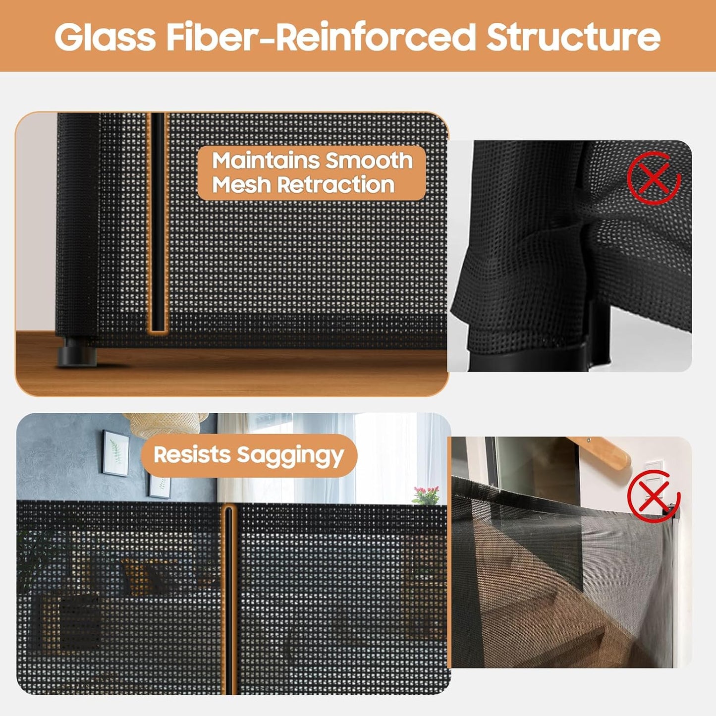 180" Extra Wide Retractable Baby Gates for Large Openings, 42" Extra Tall with Support Rods, Prevent Crawling, Mesh Dog/Pet Gate for Stairs/Doorways, Indoor/Outdoor Use