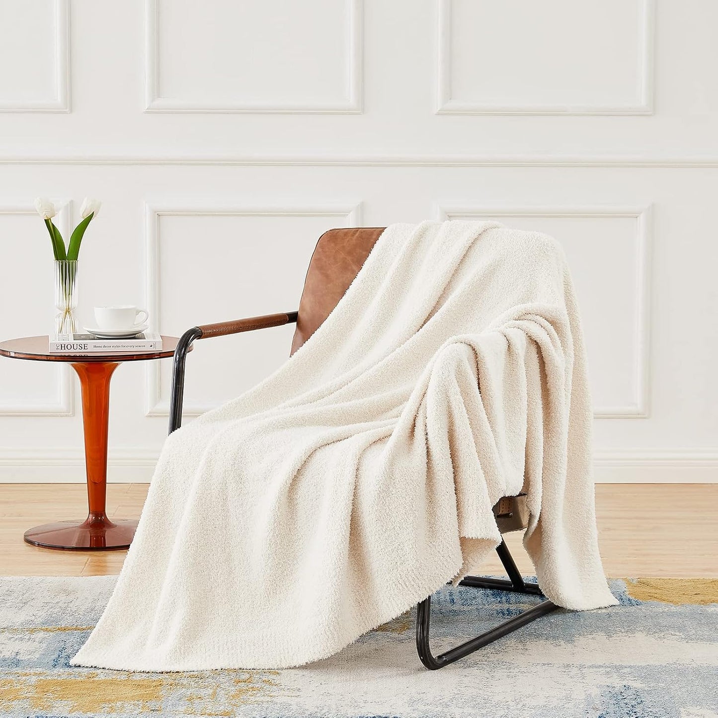 CYMULA Super Soft Knit Throw Blanket Twin Size Cream White-Lightweight Plush Fuzzy Fluffy Warm Cozy