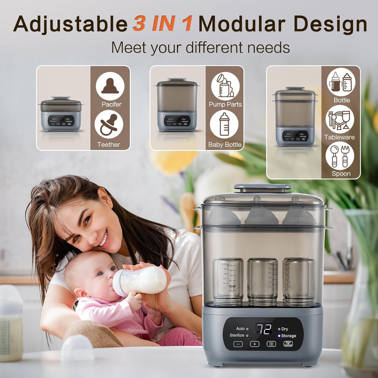 4-in-1 Baby Bottle Steamer and Dryer, Electric Steamer with Fast Drying, Universal Fit for All