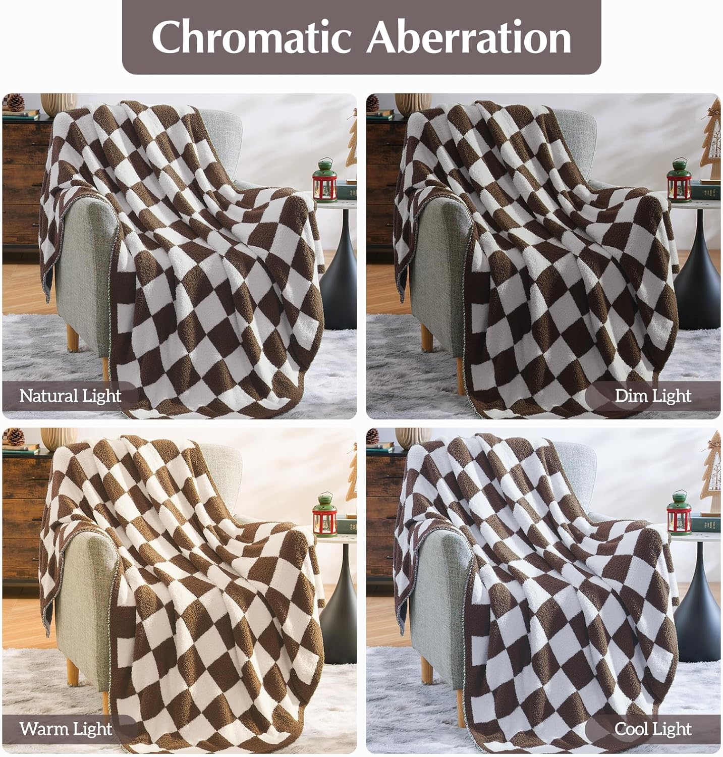 WRENSONGE Checkered Throw Blanket, Coffee Soft Cozy Fluffy Warm Hand Made Throw Blankets for Couch
