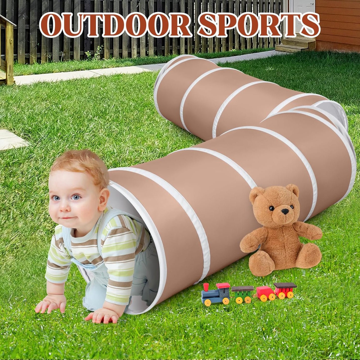 Kids Play Tunnel Tent for Toddlers, Pop Up Crawl Tunnel Toy for Baby or Pet with Neutral Color, Collapsible Gift for Boy and Girl Play Tunnel Indoor and Outdoor Game (Brown Tunnel)