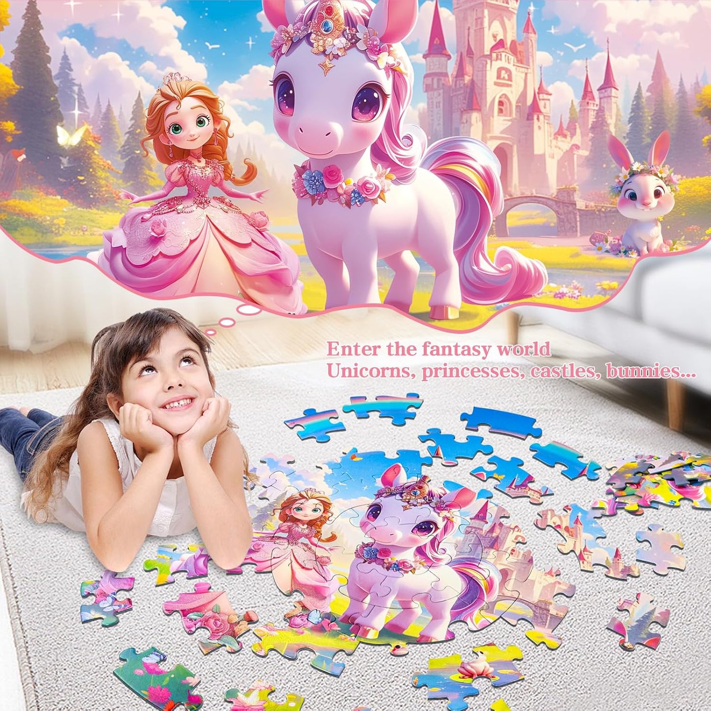 Floor Puzzles for Kids Ages 4-6, 70 Pieces Large Round Unicorn Princess Floor Puzzle Unicorn Jigsaw Puzzle Toy for 3 4 5 6 Toddler Girls - Educational Christmas, Birthday Gift