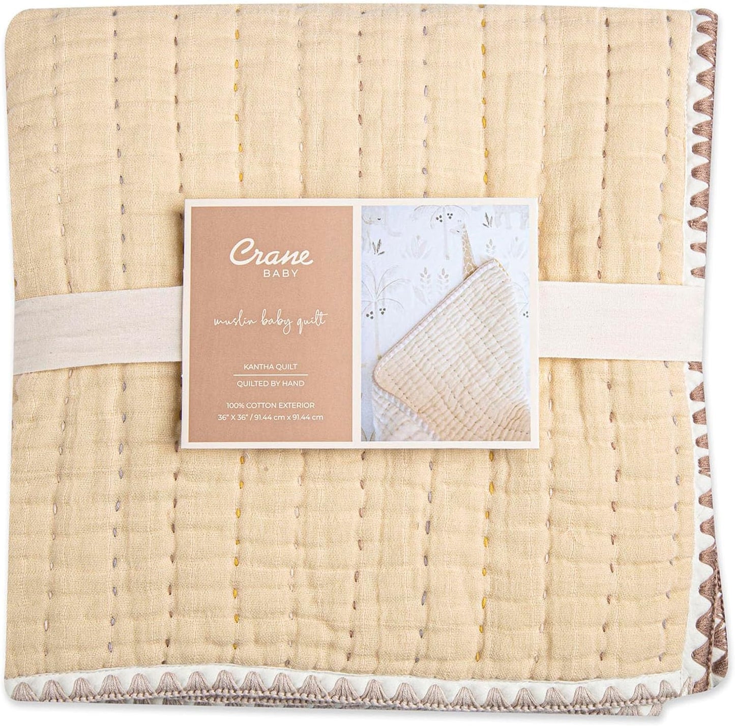 Crane Baby Blanket Quilted Cotton 36” X 36” Light Yellow Nursery Essential for Boys and Girls