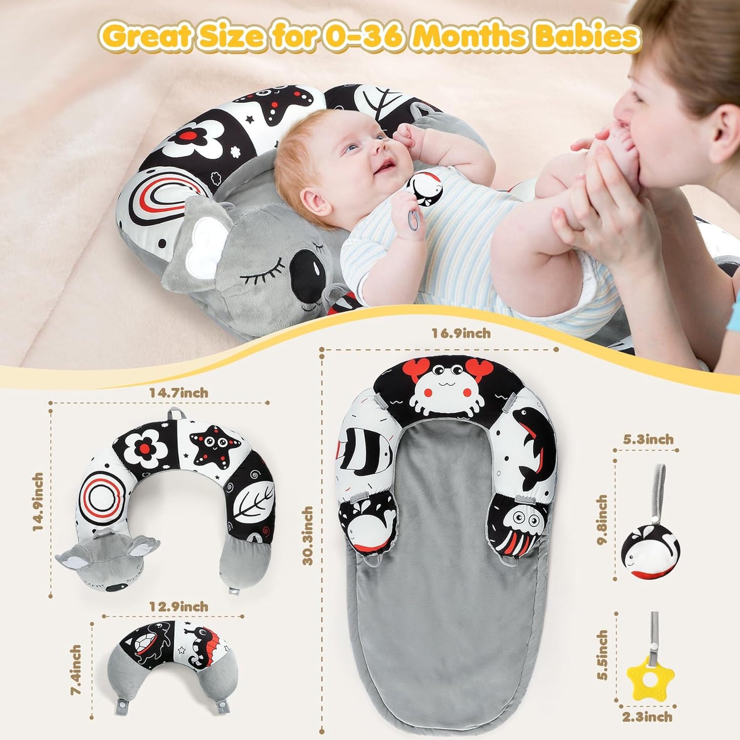 URMYWO Tummy Time Mat - 4 in 1 Cozy Tummy Time & Seated Support Pillow, Tummy Time Pillow for Newborn 0-12 Months, Infant Baby Sit Me Up Floor Seat Early Sensory Development Gifts Tummy Time Play Toys