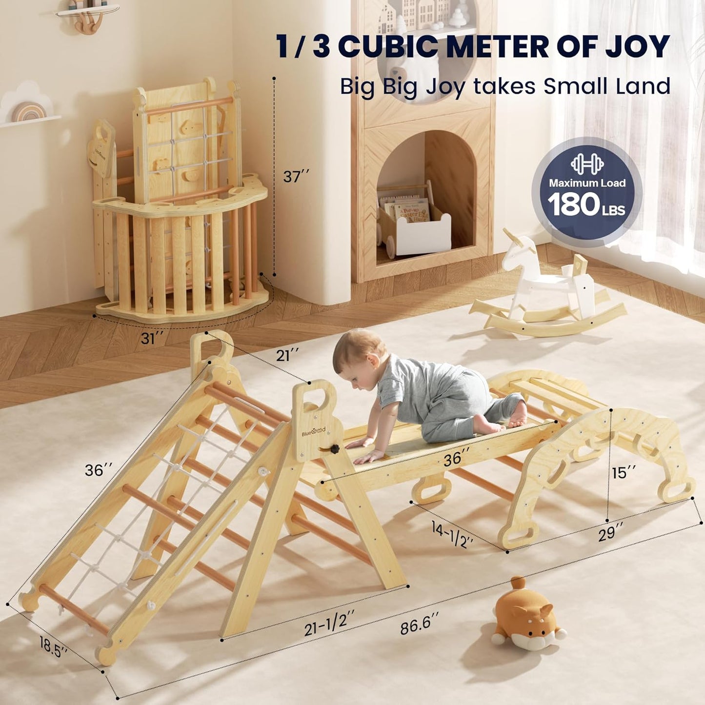 BlueWood 2025 8-in-1 Pikler Triangle Climbing Set Toddler Toys Indoor Baby Jungle Gym Climber Playground for Kids - Natural Wood