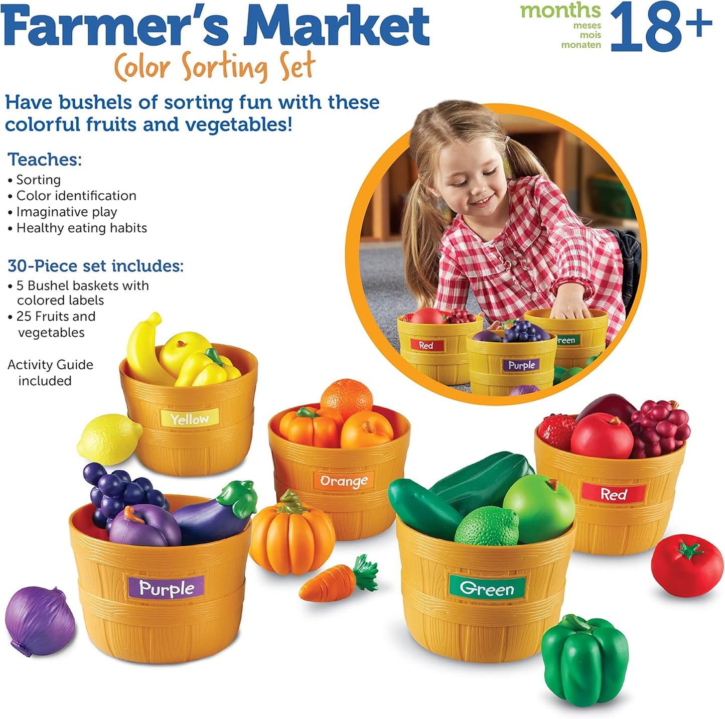 Learning Resources Farmer’s Market Color Sorting Set - 30 Pieces Age 18+ Months Toddler Learning Toys, Sorting Toys for Kids, Play Food,Easter Basket Stuffers