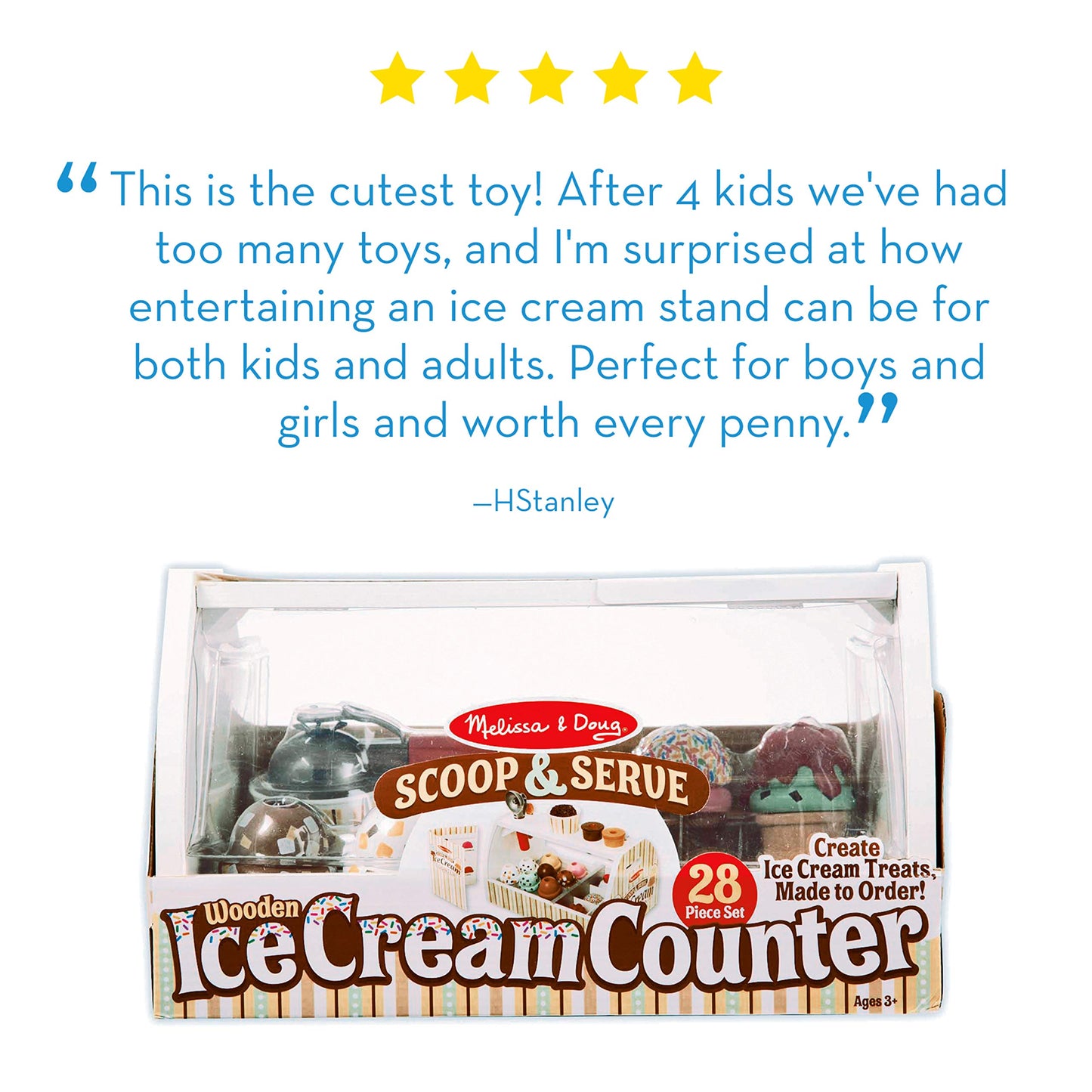 Melissa & Doug Wooden Scoop & Serve Ice Cream Counter, Pretend Play Store, 28 Toy Food & Play