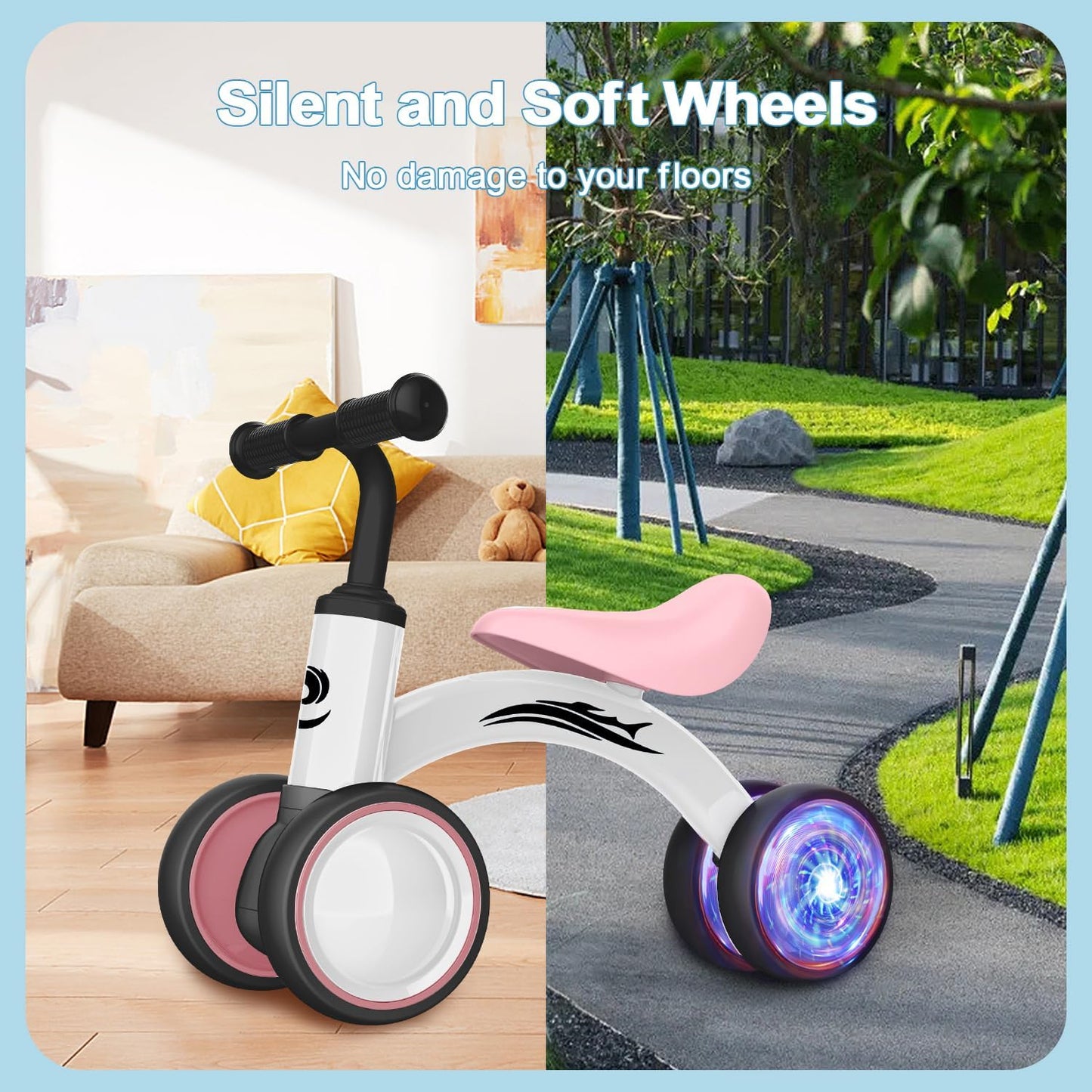 Colorful Lighting Baby Balance Bike Toys for 1 Year Old Girl Gifts, 10-36 Month Toddler Balance Bike, No Pedal 4 Silence Wheels & Soft Seat Pre-School First Riding on Toys, 1st Birthday Gifts.