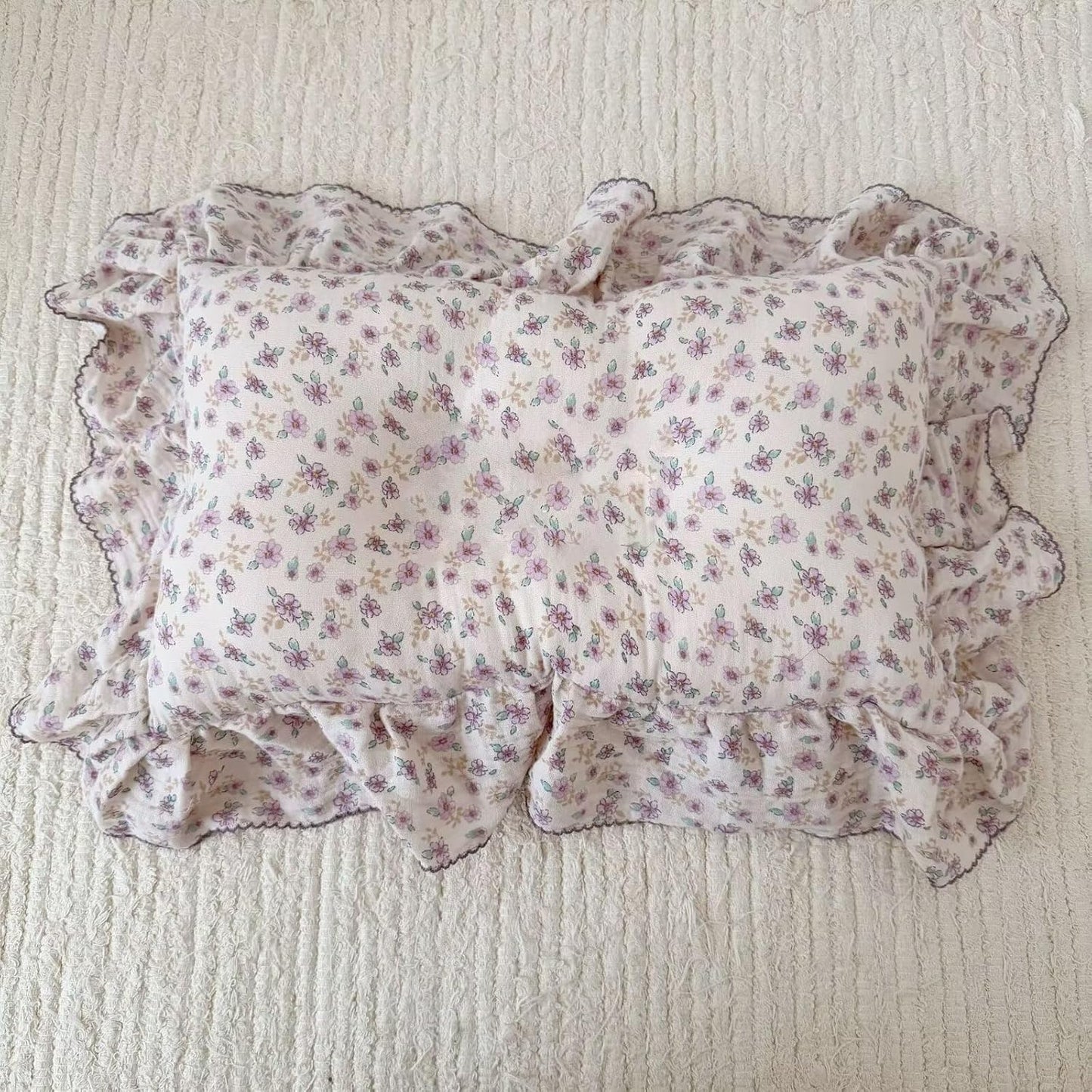 BuLuTu Purple Floral Muslin Cotton Toddler Pillowcases with Ruffles, 1 pc, 14"x20", Oeko-TEX Certified Gauze Muslin Pillow Cover for Girls Boys Crib Size Pillow Cases for All Seasons