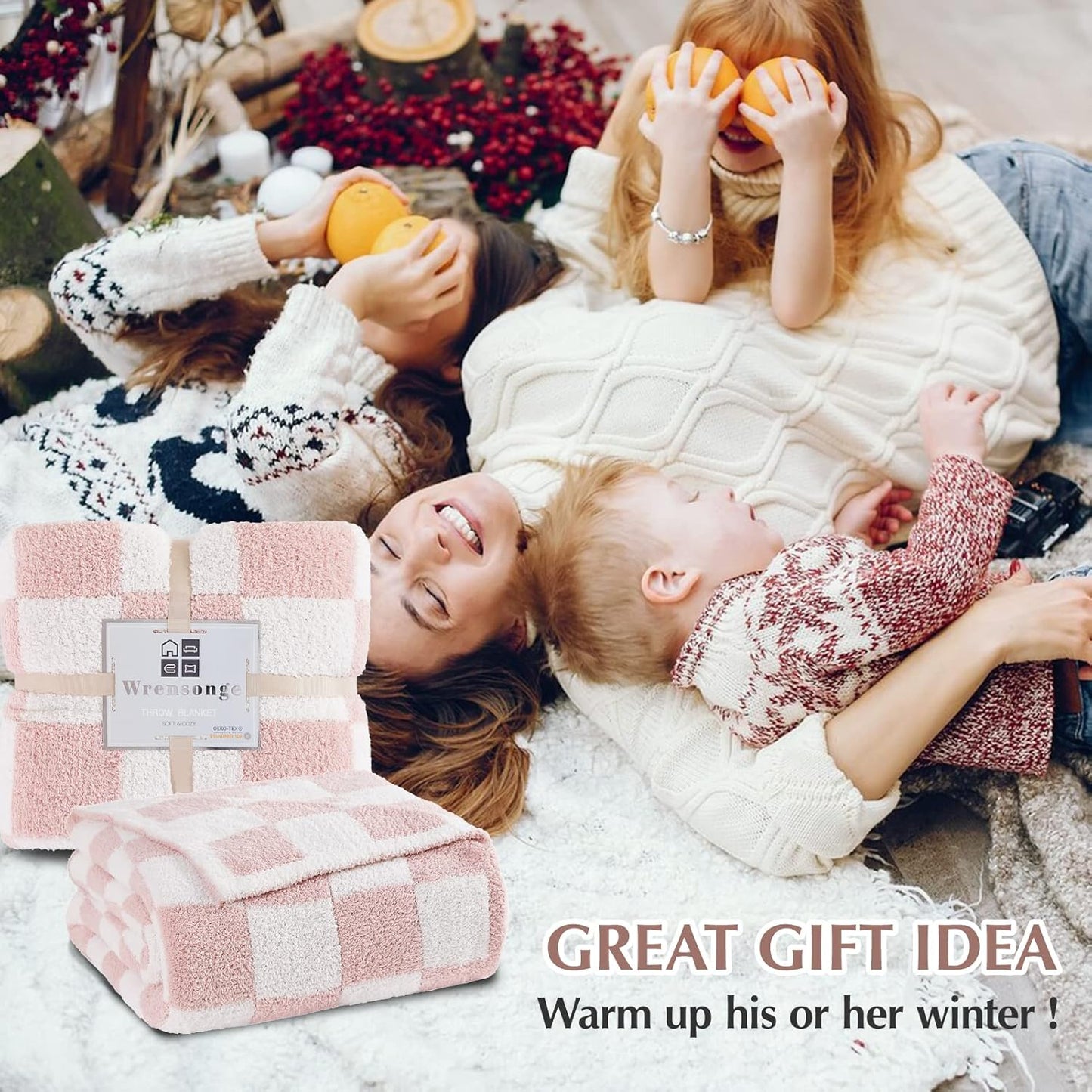 WRENSONGE Checkered Throw Blanket, Pink Soft Cozy Fluffy Warm Hand Made Weave Throw Blankets for
