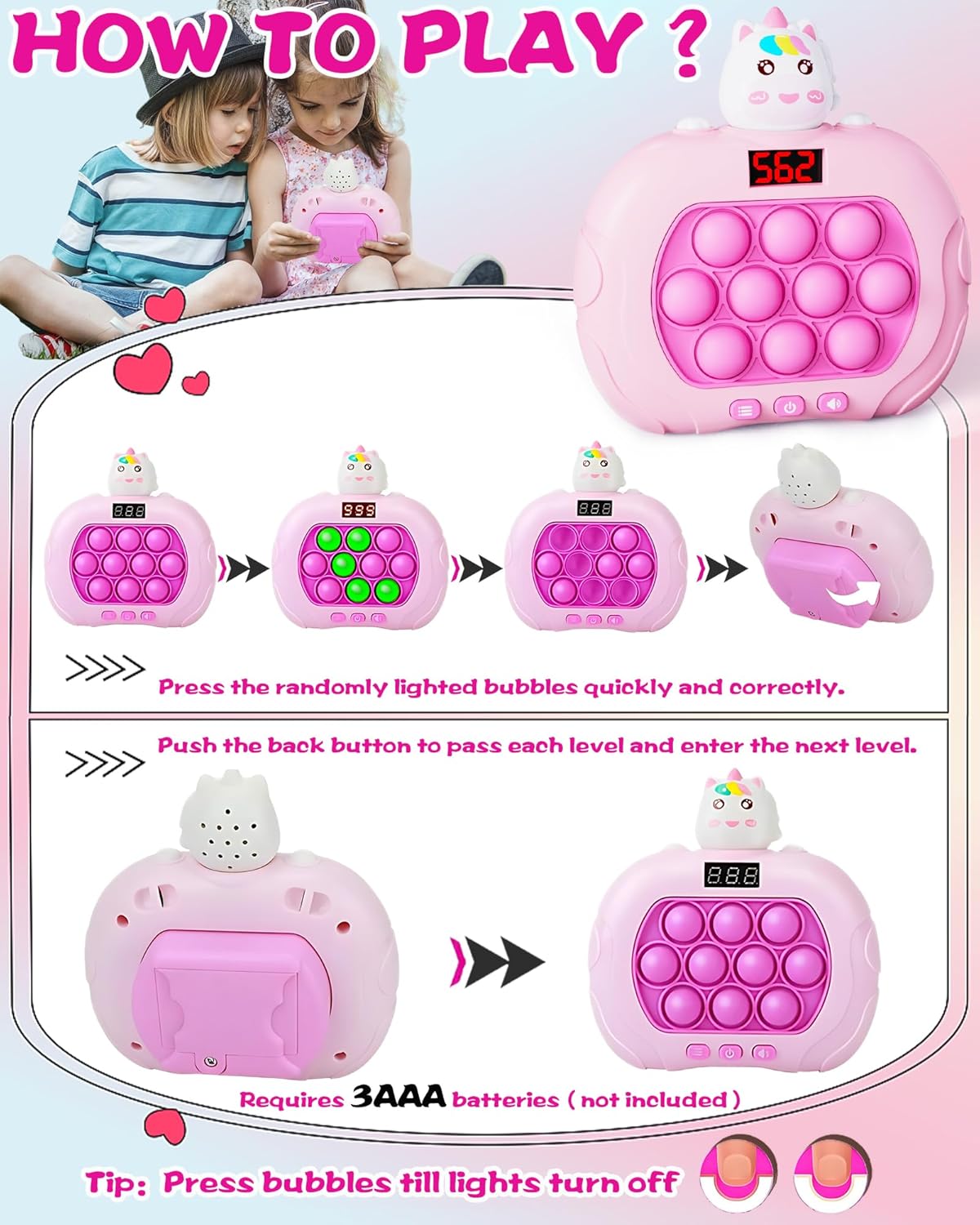 Upgraded Fast Push Game Popping Fidget Toys for Kids, Funny Toys with LED Screen for Kids 3-12, Birthday Gifts for Girls and Boys Bubble Stress,Handheld Puzzle Game Sensory Toys (Unicorn)