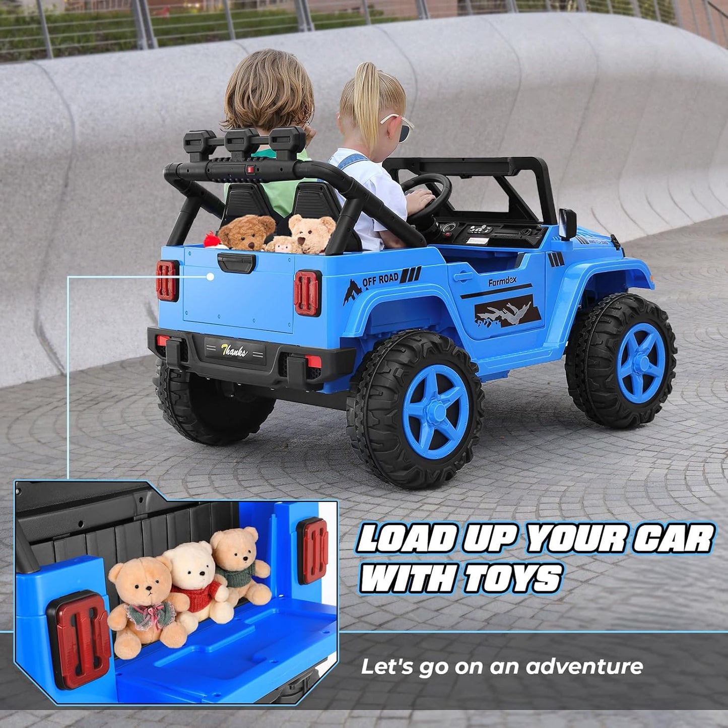 Hikole 24V Kids Ride on Car - 2 Seater, 4WD/2WD Switch, 4x200W Motor, Remote Control, 3 Speeds, LED Lights, Safety Belt, Off-Road Electric Vehicles for Boys Girls, Blue