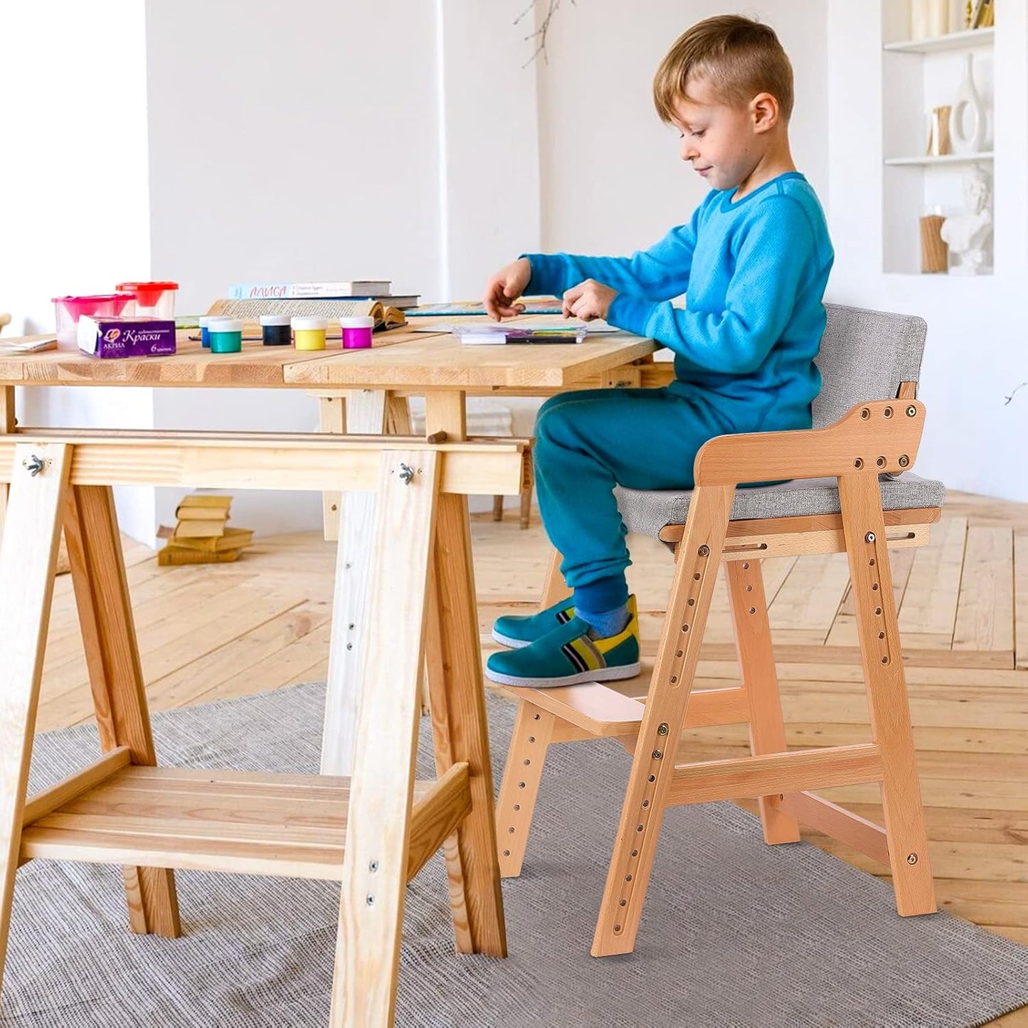 Ezebaby Wooden High Chair, Adjustable Highchair for Toddlers to Teens with Steps, Kids Dining