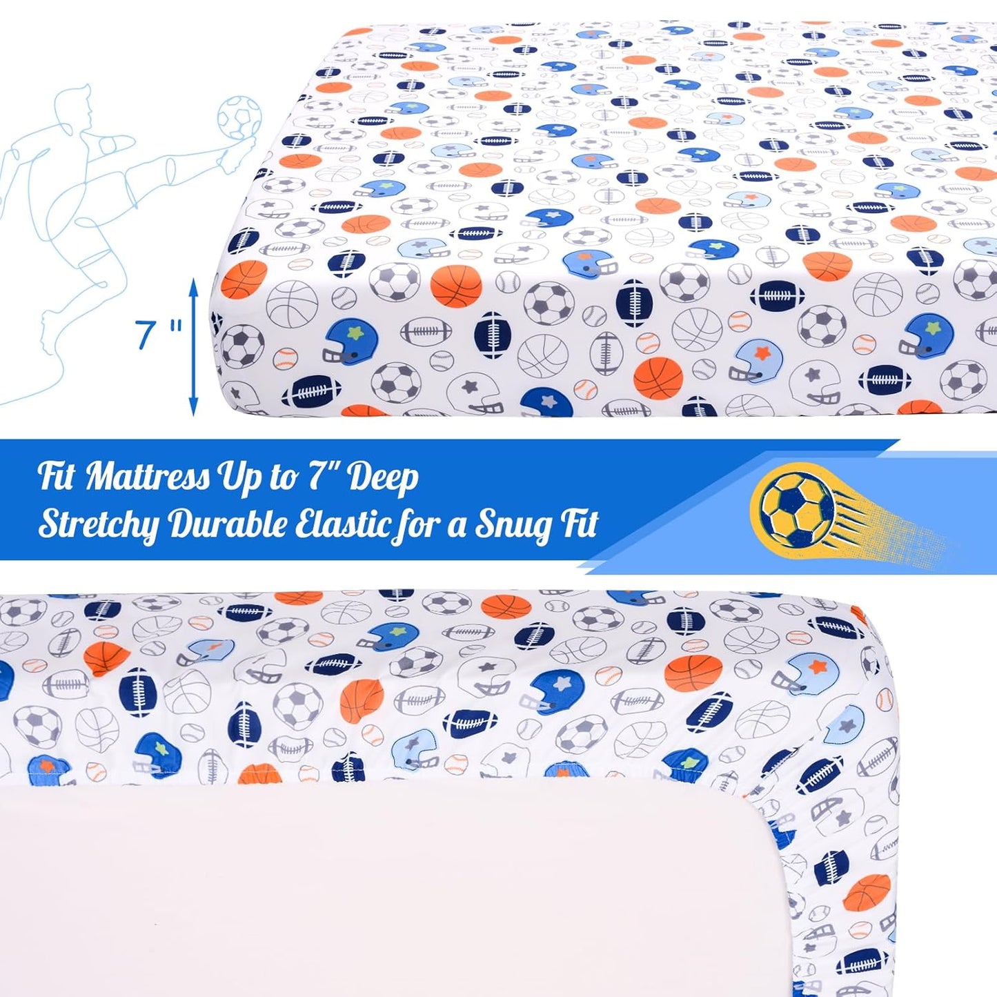 Crib Sheet - 1 Pack Sports Theme Nursery Bedding Sheet - Footballs Printed Standard Size Infant Bed