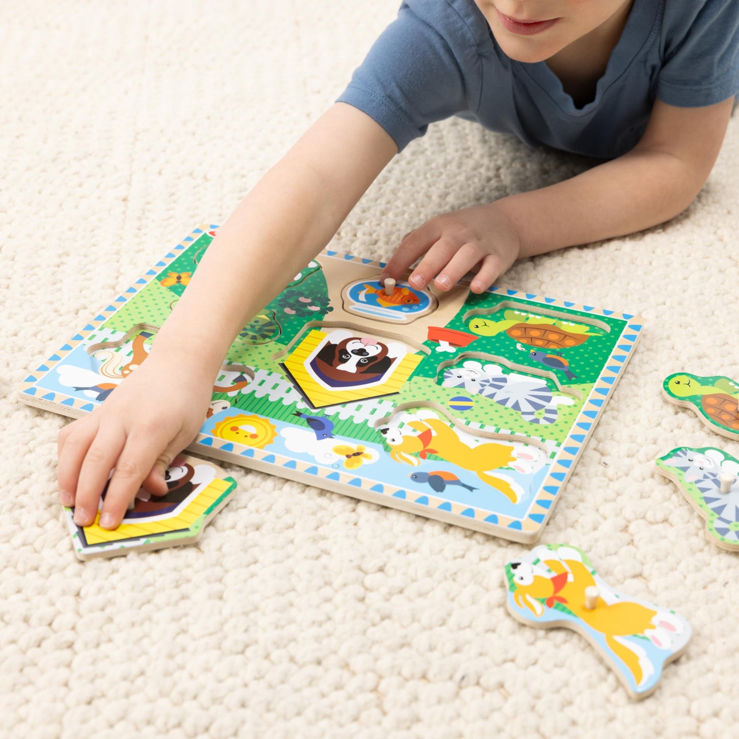 Melissa & Doug Wooden Peg Puzzle Set – 4-Pack Vehicle, Farm, Safari & Pet Animal Themes