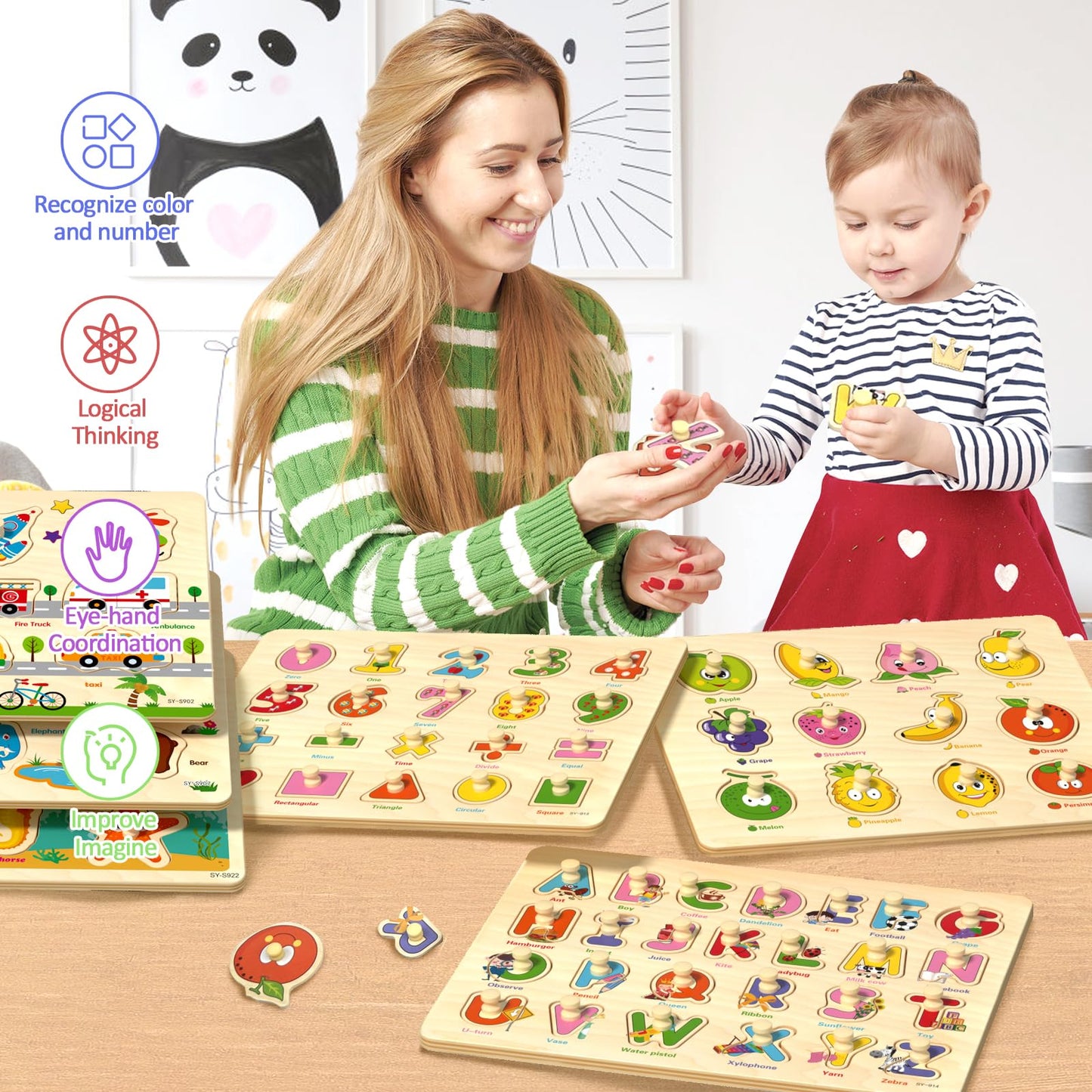 edutree Wooden Peg Puzzles for Toddlers 2-4, 6 Pack Educational Peg Puzzles Montessori Toys