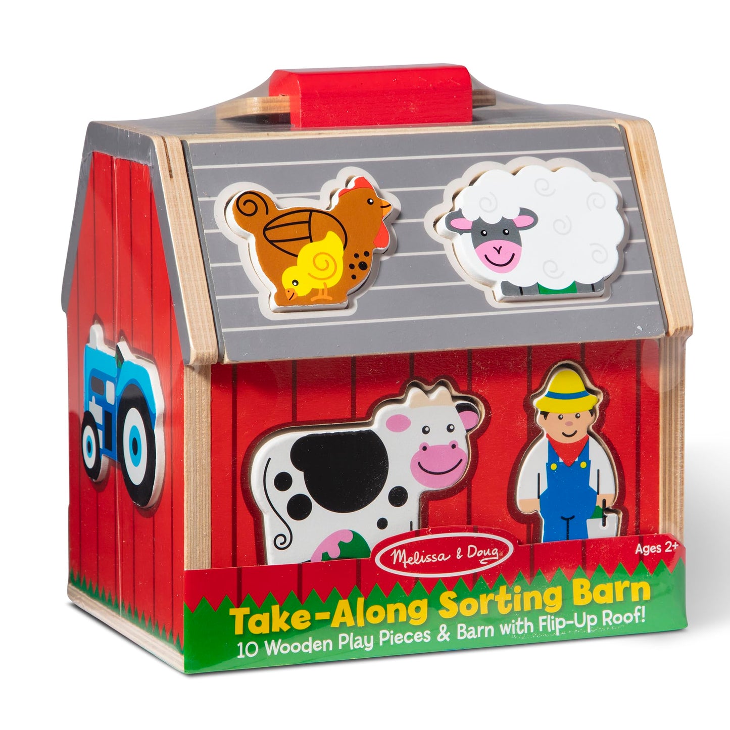 Melissa & Doug Take-Along Wooden Toy Barn, 11-Pc Portable Toddler Playset with Farm Animals &