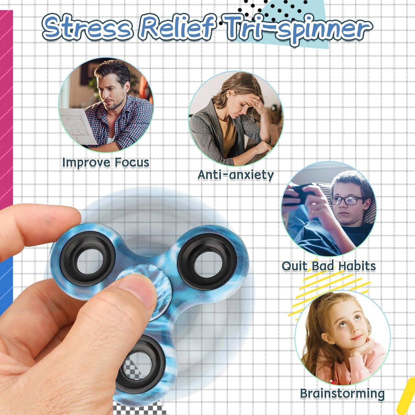 12PCS Fidget Spinner Toy Pack for Kids Adults, Metal Tri-Spinner Fidget Toy Set, Sturdy Hand