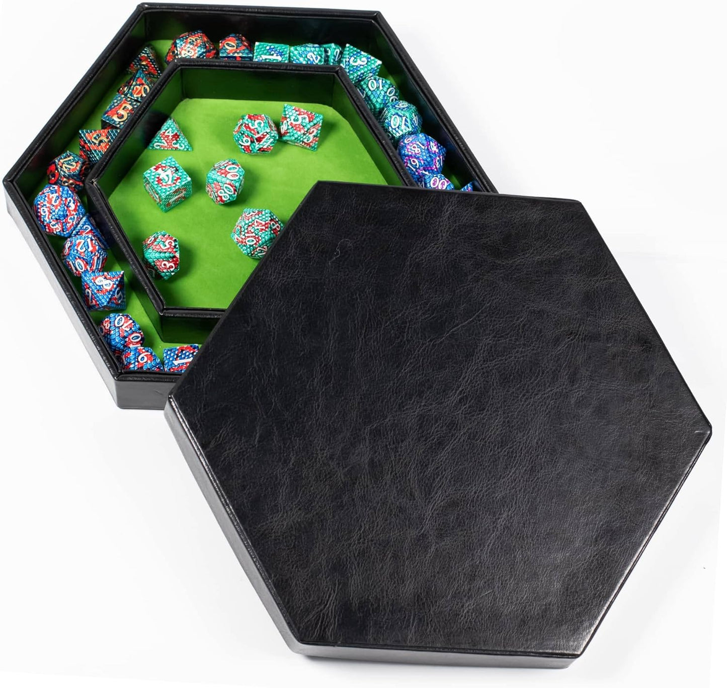 DND Dice Tray - 2 in 1 Hexagonal Rolling and Storage Tray, Faux Leather Material, Green Color, Compatible with D&D, MTG, Dice Arena