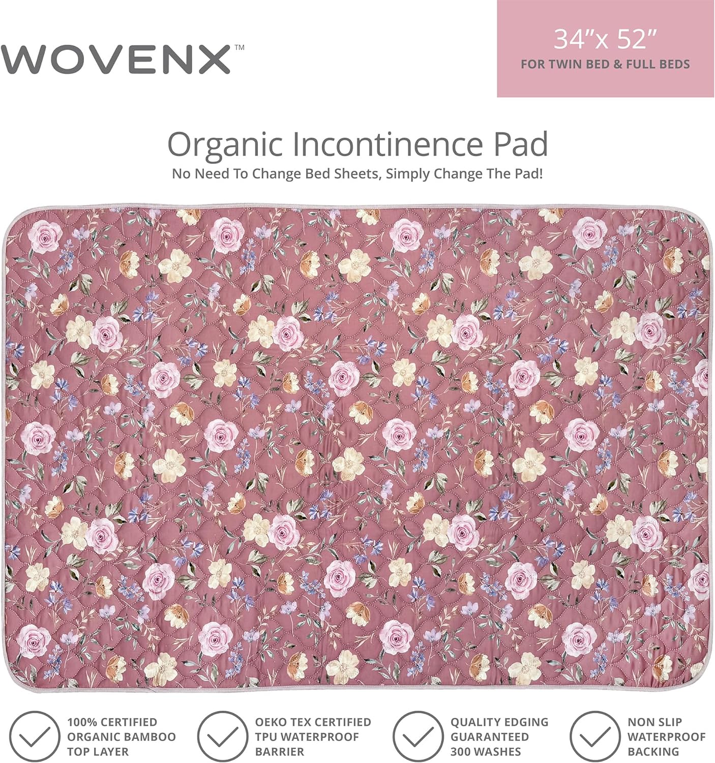 Organic Incontinence Pad for Period - Waterproof Protectors - Reusable Washable Pee Pad - Fits Twin