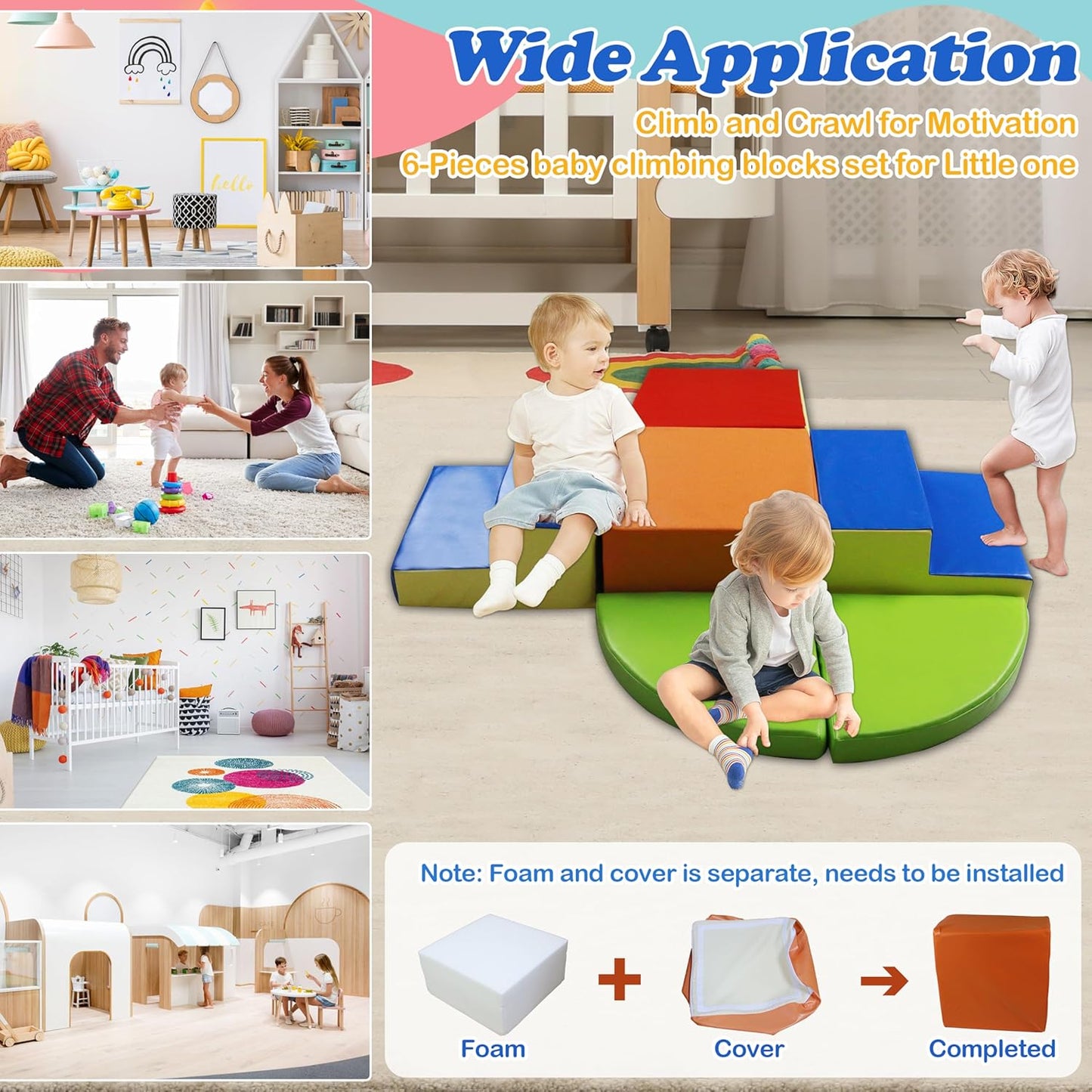 6-Piece Baby Soft Foam Climbing Blocks Set, PU Leather Non Slip Foam Play Gym Climbing Structures for Toddlers 3, Indoor Climb and Crawl Activity Play Set